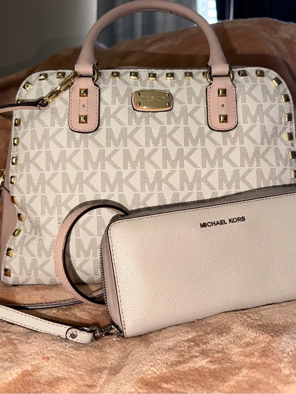 Michael Kors Cream and Pink Logo Satchel with Zip Wallet
